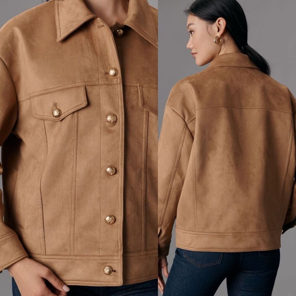 Maeve Faux Suede Trucker Jacket Camel Brown Size M Anthropologie - Picture 7 of 12